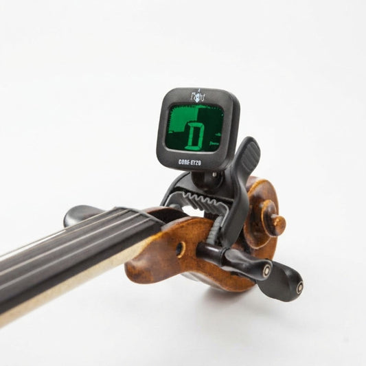 A digital violin tuner clamp, model C086-E728, shown attached to the headstock of a violin on a clean white background.