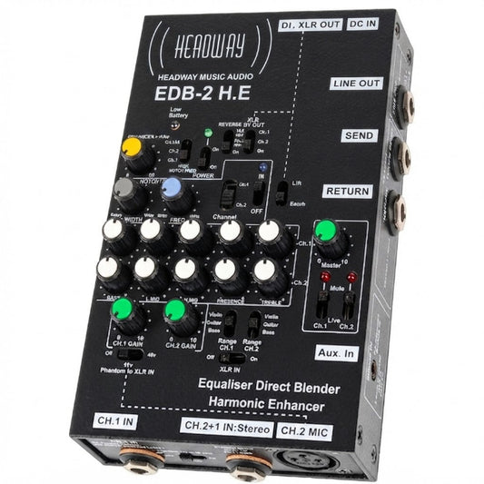 Headway EDB-2 H.E Equaliser Direct Blender Harmonic Enhancer audio effects pedal in black with white labels and multiple control knobs, shown on a white background.