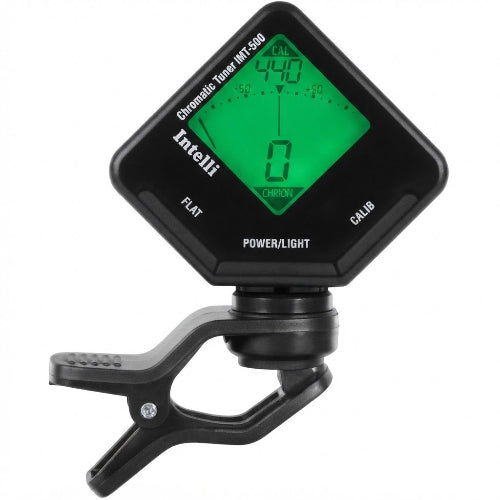 A black digital chromatic tuner with an LCD screen showing a green display, mounted on a black spring clamp. The brand name 'Intelli' is visible on the face of the tuner.