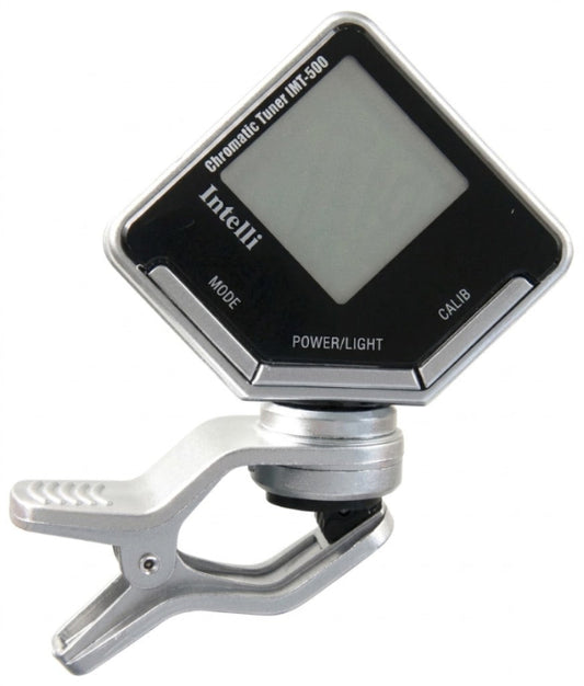 Intelli dynamic tuner INT-5000 with a silver metal clamp and a black faceplate, shown on a white background.