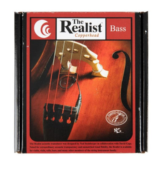 The Realist Bass acoustic guitar string transducer in its original retail packaging, featuring a copperhead design with a red and black design and a photo of a bass guitar.
