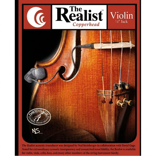 The Realist Copperhead violin acoustic transducer packaging, featuring a close-up photo of a violin's wooden body and bridge with a silver transducer attached. The packaging has a red border with the text 'The Realist Copperhead' and 'Violin 1/4" Jack' at the top, and a David Gage logo at the bottom left.