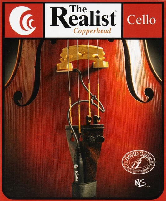 David Gach Cello Copperhead microphone product packaging, featuring a close-up photo of a cello's wooden body with a microphone positioned near the bridge.