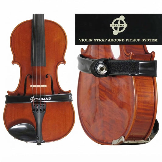 A violin with a black 'The BAND' strap around the waist and a close-up of the back showing the 'Violin Strap Around Pickup System' strap attachment, on a white background.